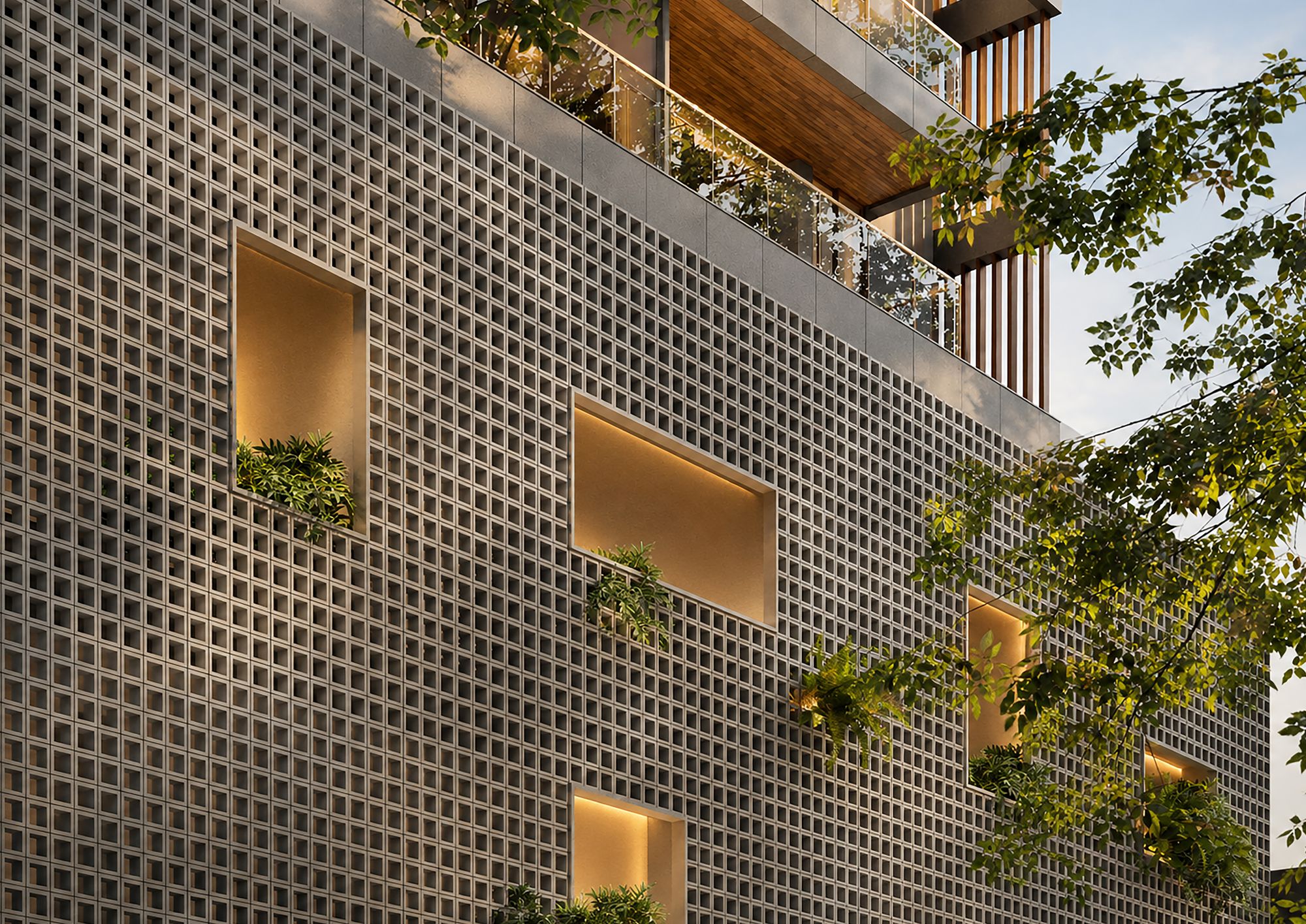 Fachada do Fiore Residences com o cobogó na base