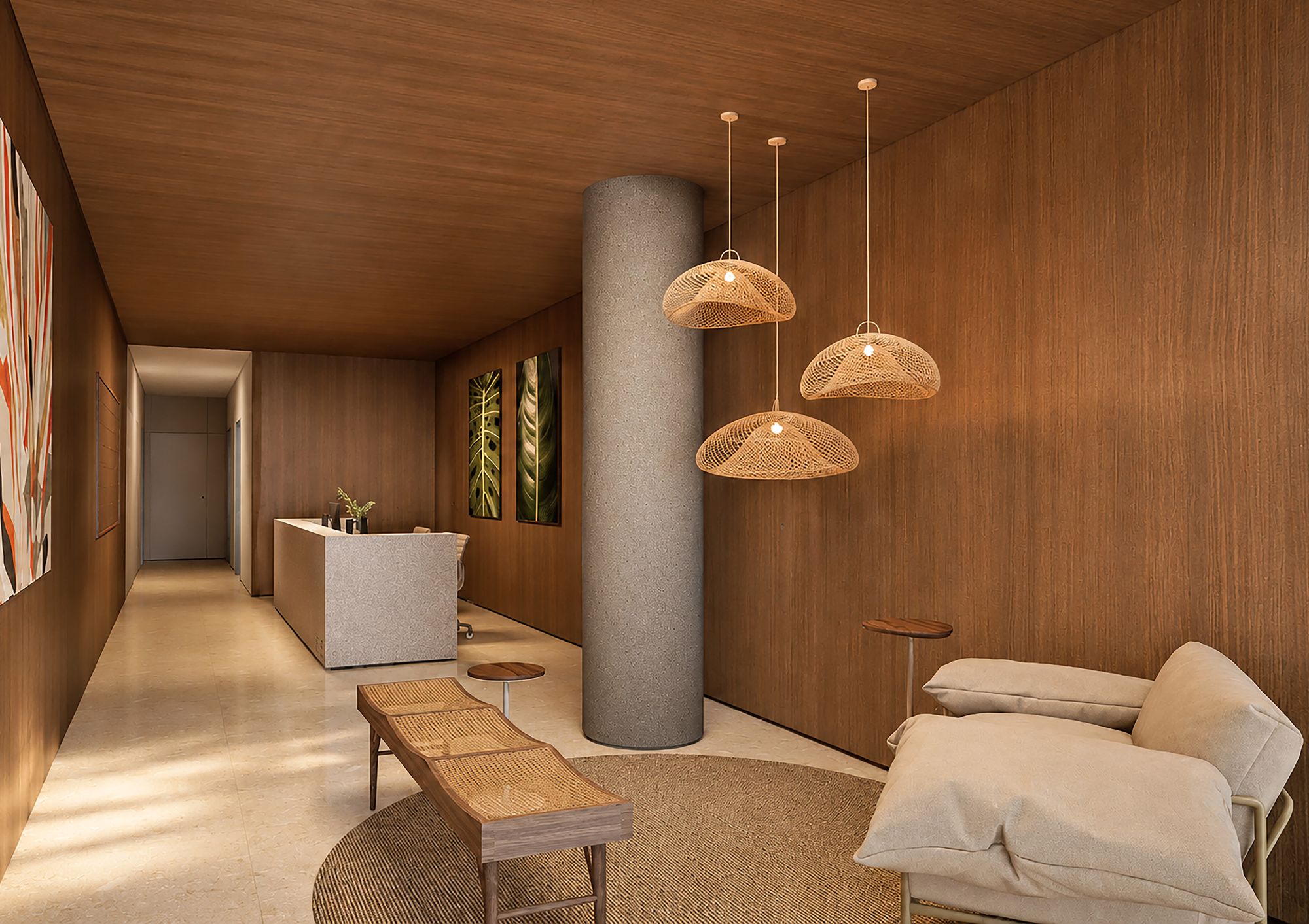 Lounge e portaria do Fiore com pé-direito alto e iluminação quente