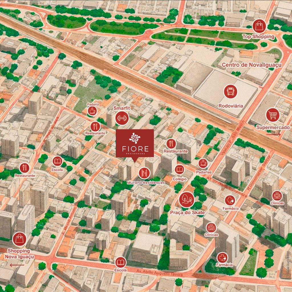 Mapa ilustrativo do entorno do Fiore Residences, com shoppings, escolas, restaurantes, farmácias e a Praça do Skate